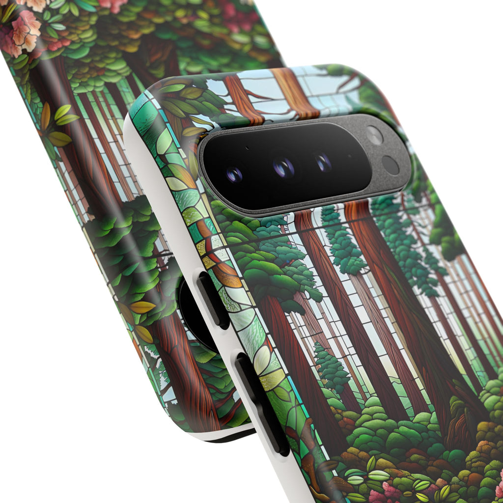 Nature Inspired Tough Cases - Redwood Trees & Rhododendrons Stained Glass iPhone Cover, Protective Phone Shell, Unique Samsung Galaxy Case,