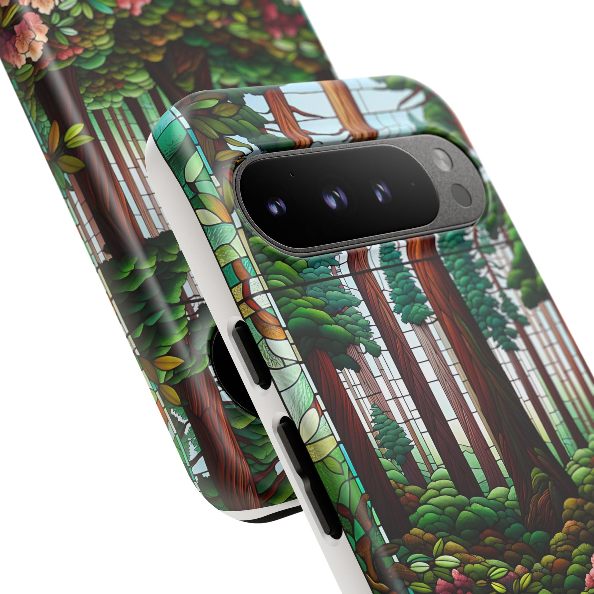 Nature Inspired Tough Cases - Redwood Trees & Rhododendrons Stained Glass iPhone Cover, Protective Phone Shell, Unique Samsung Galaxy Case,