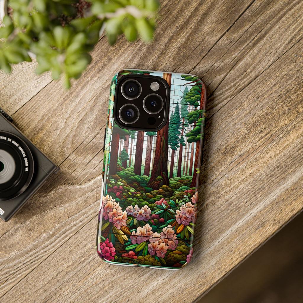 Nature Inspired Tough Cases - Redwood Trees & Rhododendrons Stained Glass iPhone Cover, Protective Phone Shell, Unique Samsung Galaxy Case,