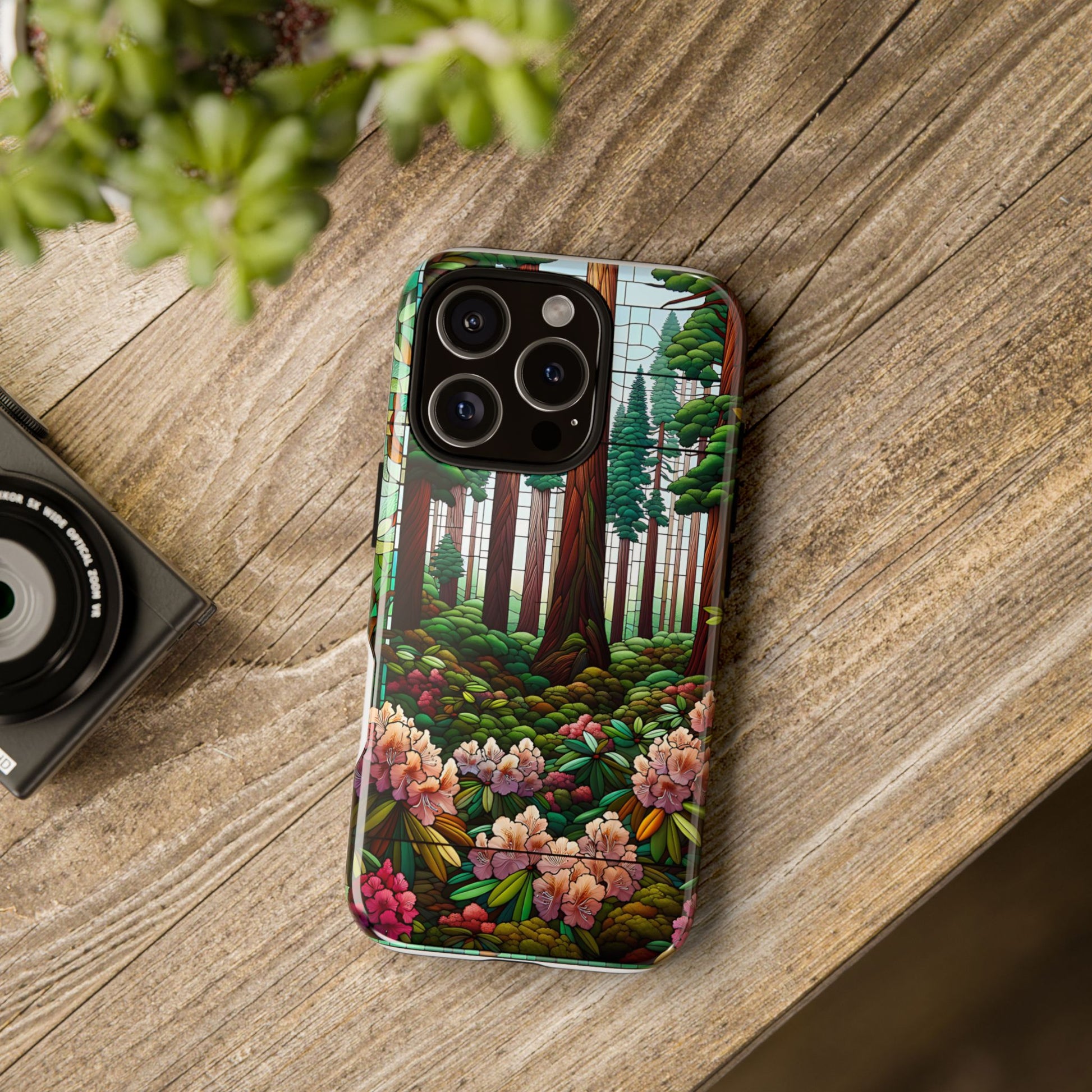 Nature Inspired Tough Cases - Redwood Trees & Rhododendrons Stained Glass iPhone Cover, Protective Phone Shell, Unique Samsung Galaxy Case,