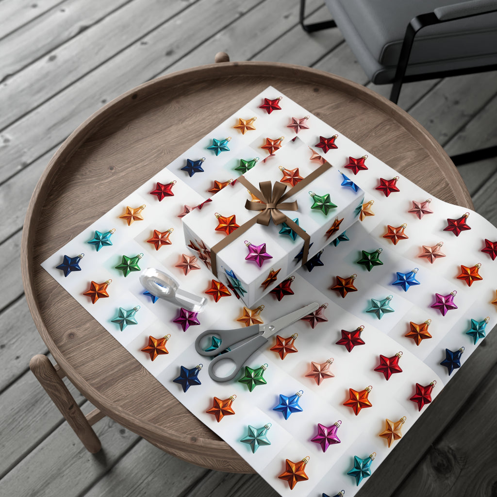 Wrapping Paper, Vibrant Star Christmas Ornaments On White Background - Gift Wrap Rolls, Eco-Friendly Gift Wrap, Holiday