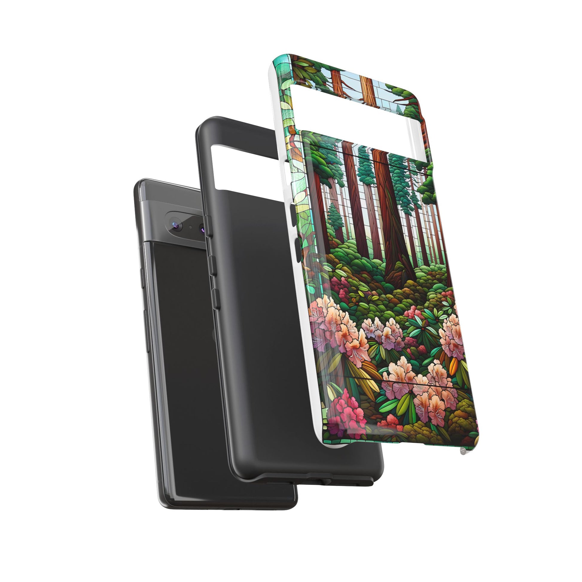 Nature Inspired Tough Cases - Redwood Trees & Rhododendrons Stained Glass iPhone Cover, Protective Phone Shell, Unique Samsung Galaxy Case,