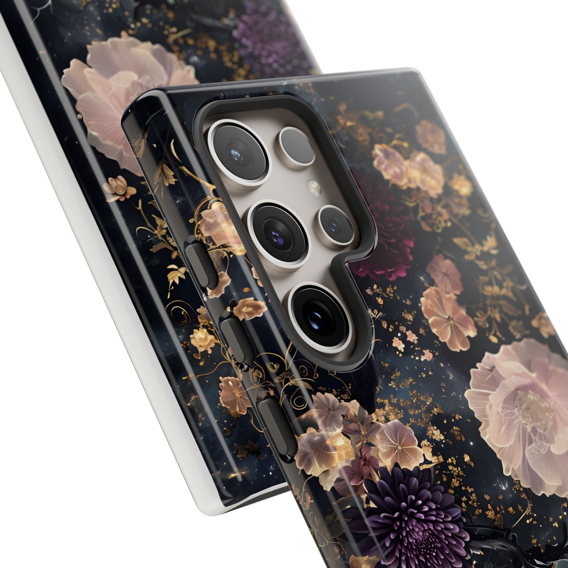 Phone Case, Whimsical Floral Pattern Against Cosmic Nebulous Background. Galaxy, Space, Tough Protective Cover, Unique Gift, Trendy