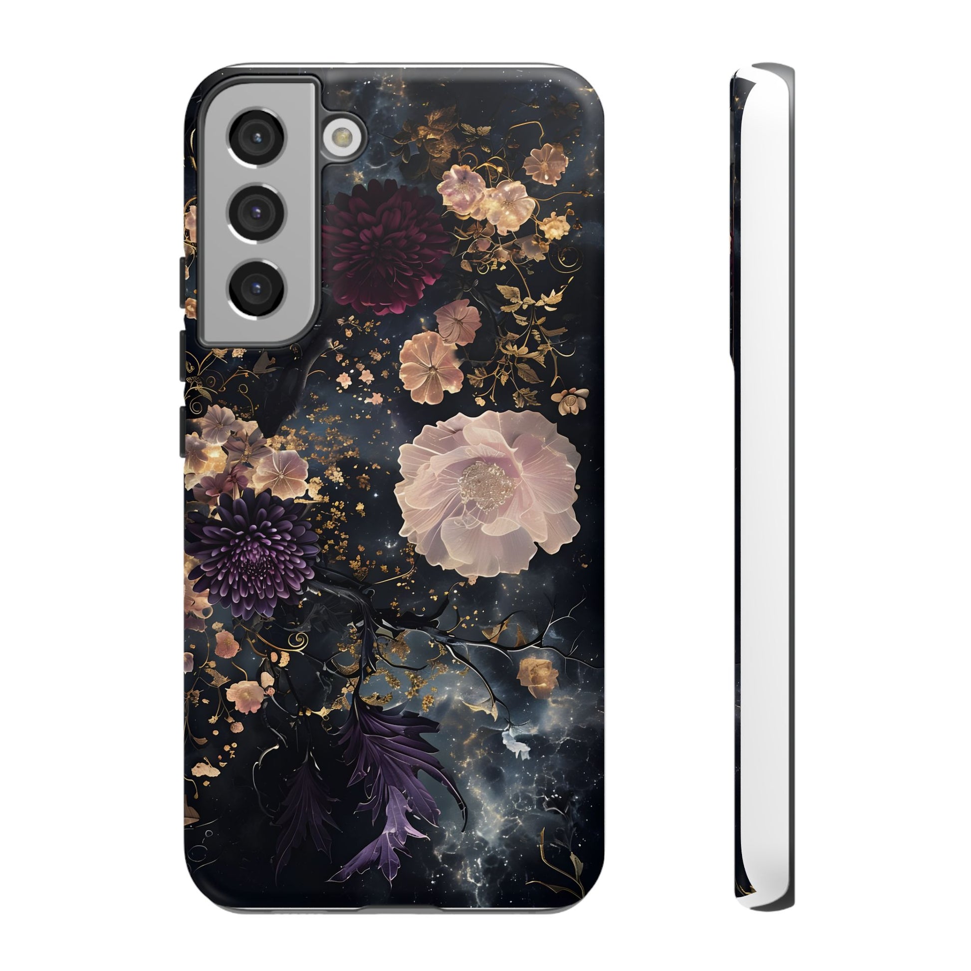 Phone Case, Whimsical Floral Pattern Against Cosmic Nebulous Background. Galaxy, Space, Tough Protective Cover, Unique Gift, Trendy