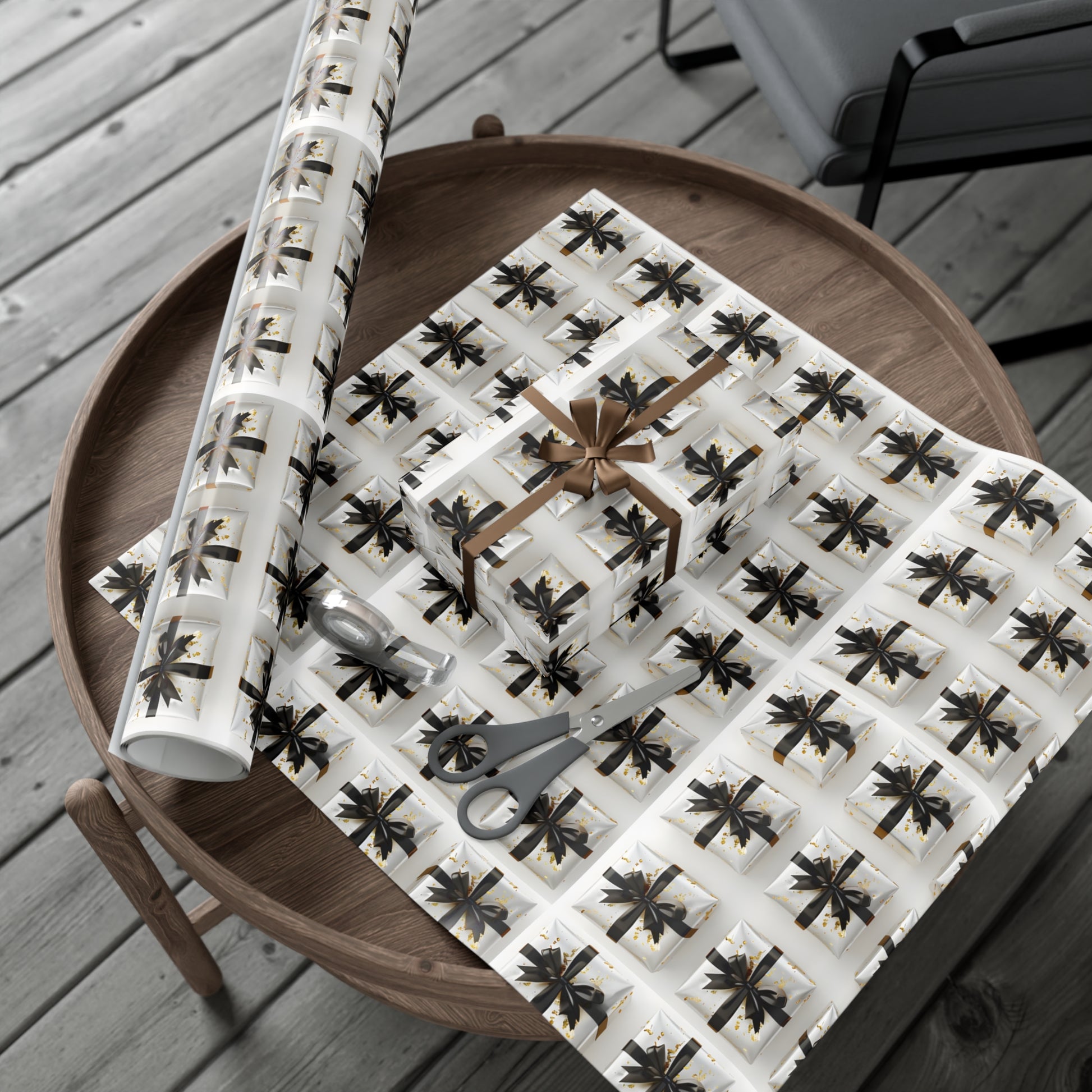 Wrapping Paper, Elegantly Wrapped Gifts On White Background with Black Bows - Gift Wrap Rolls, Eco-Friendly Gift Wrap, Holiday