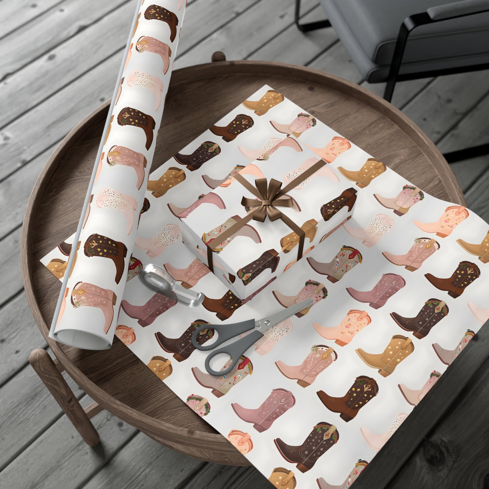 Wrapping Paper, Colorful Cowboy Boots Displaying Festive Holiday Designs, Christmas Wrapping, Gift Packaging, Festive Decor, Holiday Gift