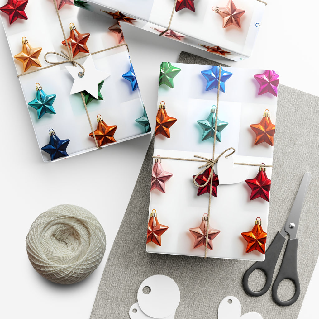 Wrapping Paper, Vibrant Star Christmas Ornaments On White Background - Gift Wrap Rolls, Eco-Friendly Gift Wrap, Holiday