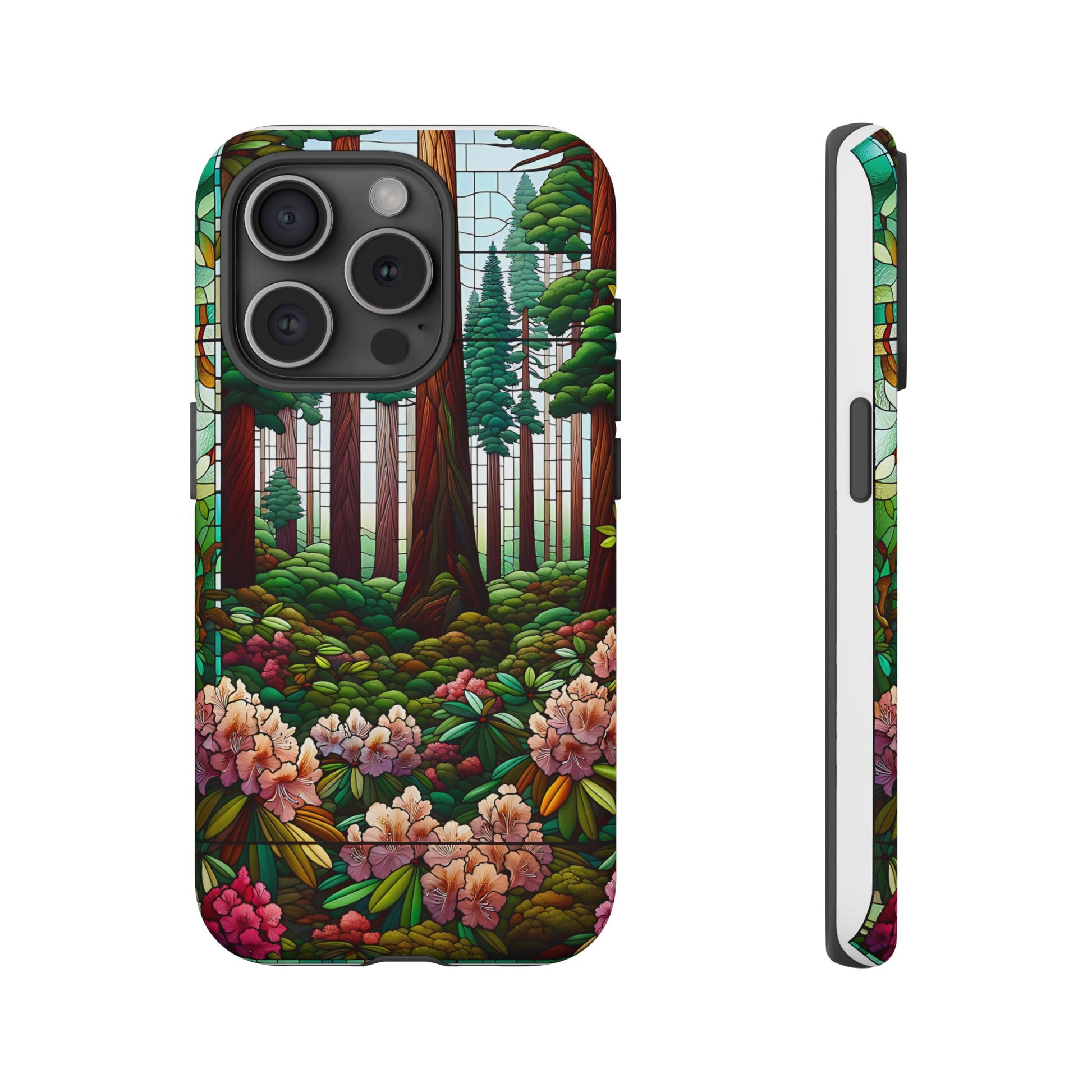 Nature Inspired Tough Cases - Redwood Trees & Rhododendrons Stained Glass iPhone Cover, Protective Phone Shell, Unique Samsung Galaxy Case,