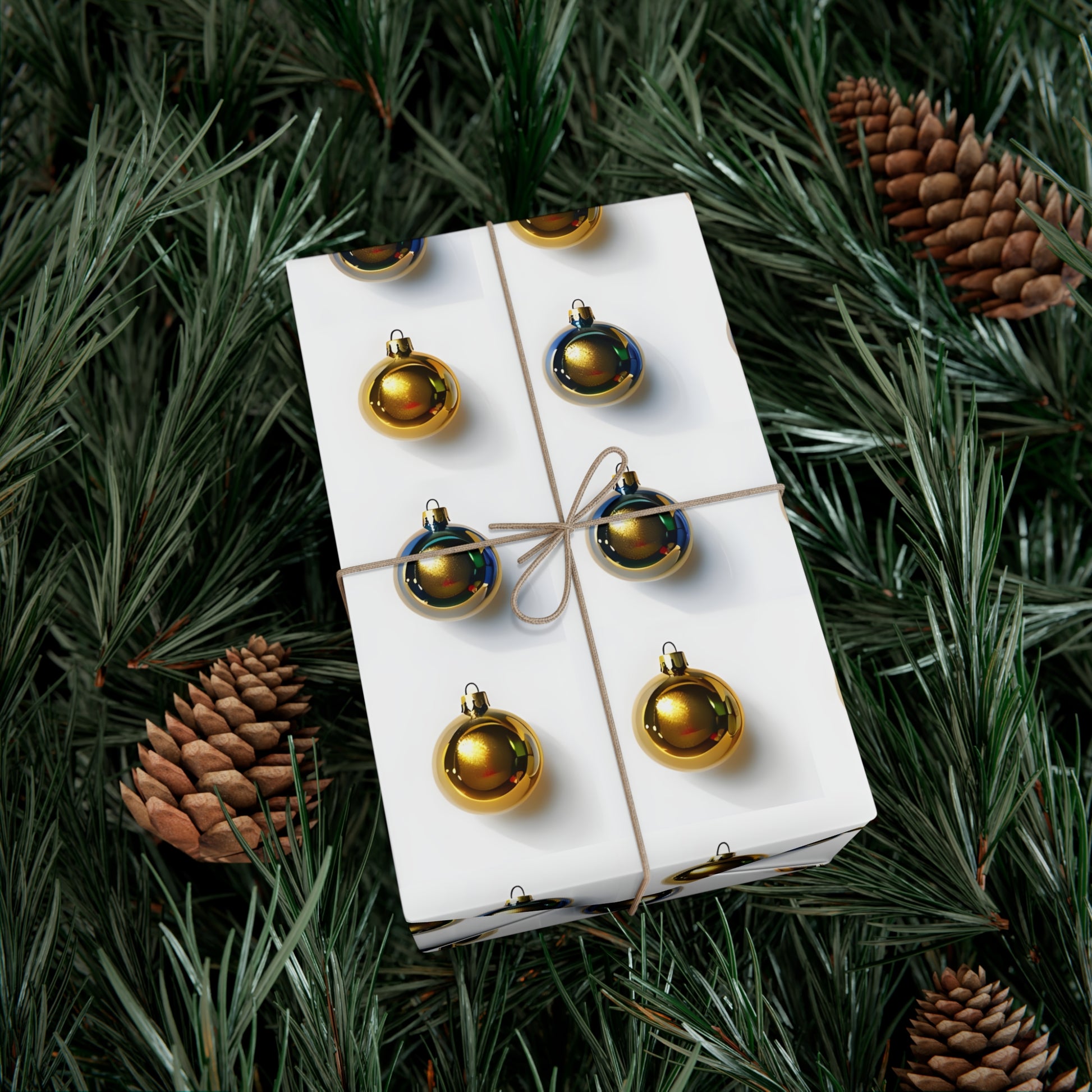 Wrapping Paper, Gold Christmas Ornaments On White Background - Gift Wrap Rolls, Eco-Friendly Gift Wrap, Holiday