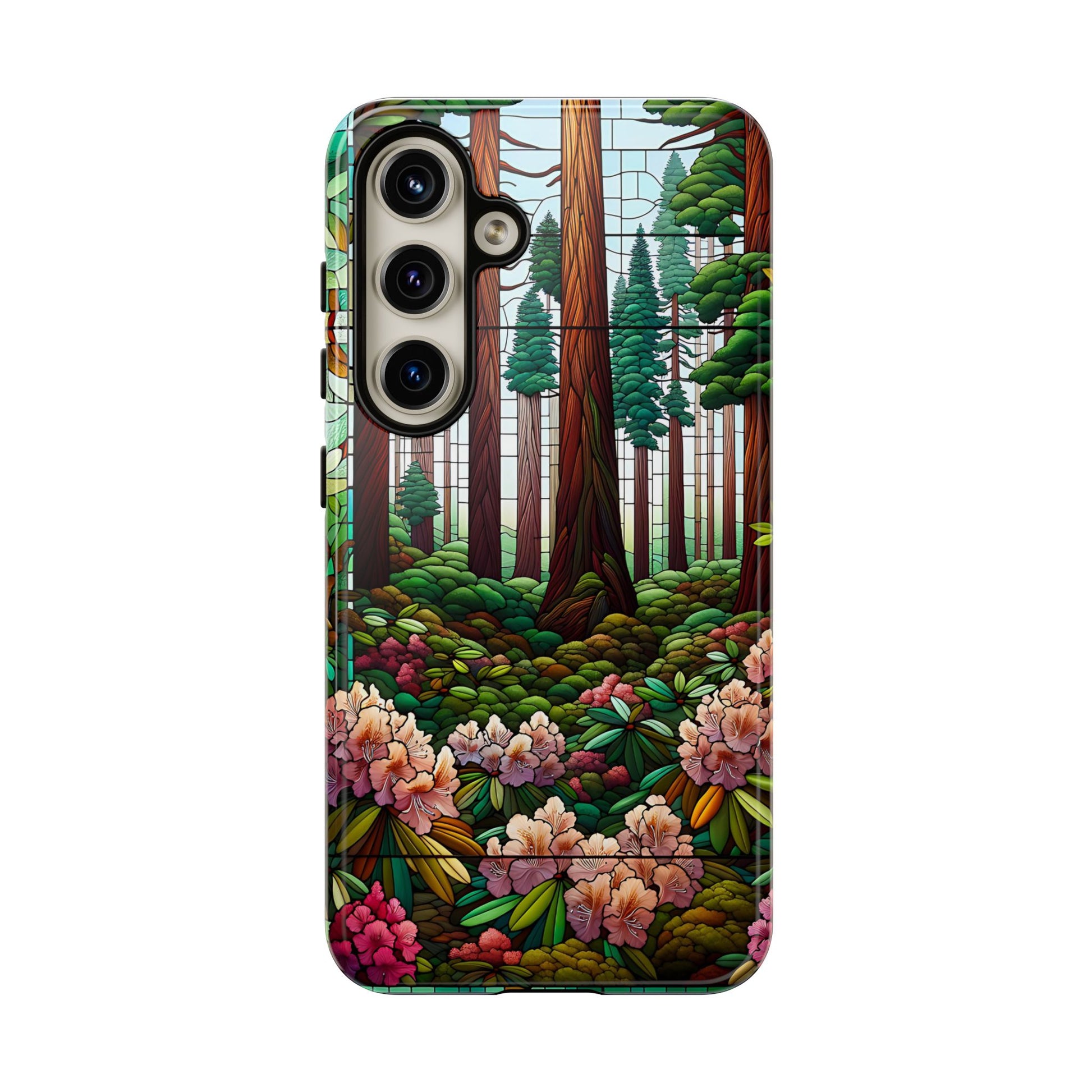 Nature Inspired Tough Cases - Redwood Trees & Rhododendrons Stained Glass iPhone Cover, Protective Phone Shell, Unique Samsung Galaxy Case,