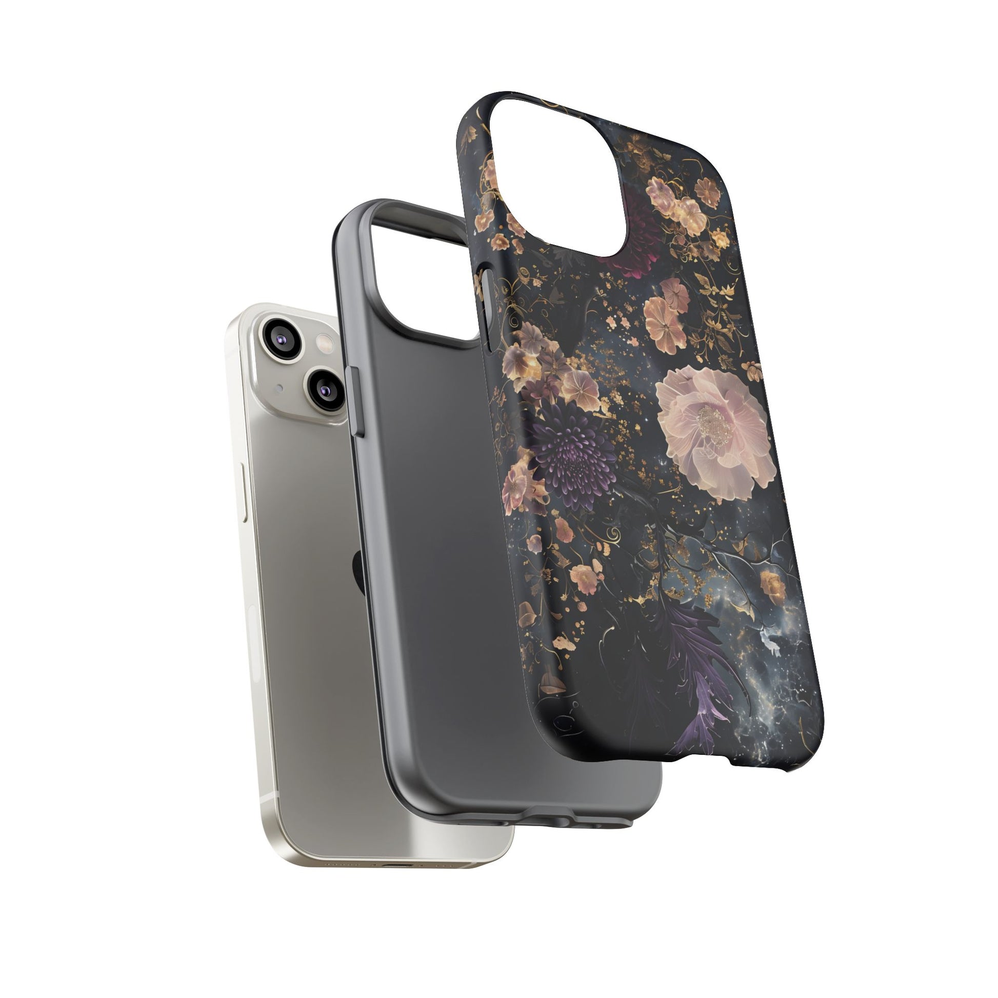 Phone Case, Whimsical Floral Pattern Against Cosmic Nebulous Background. Galaxy, Space, Tough Protective Cover, Unique Gift, Trendy