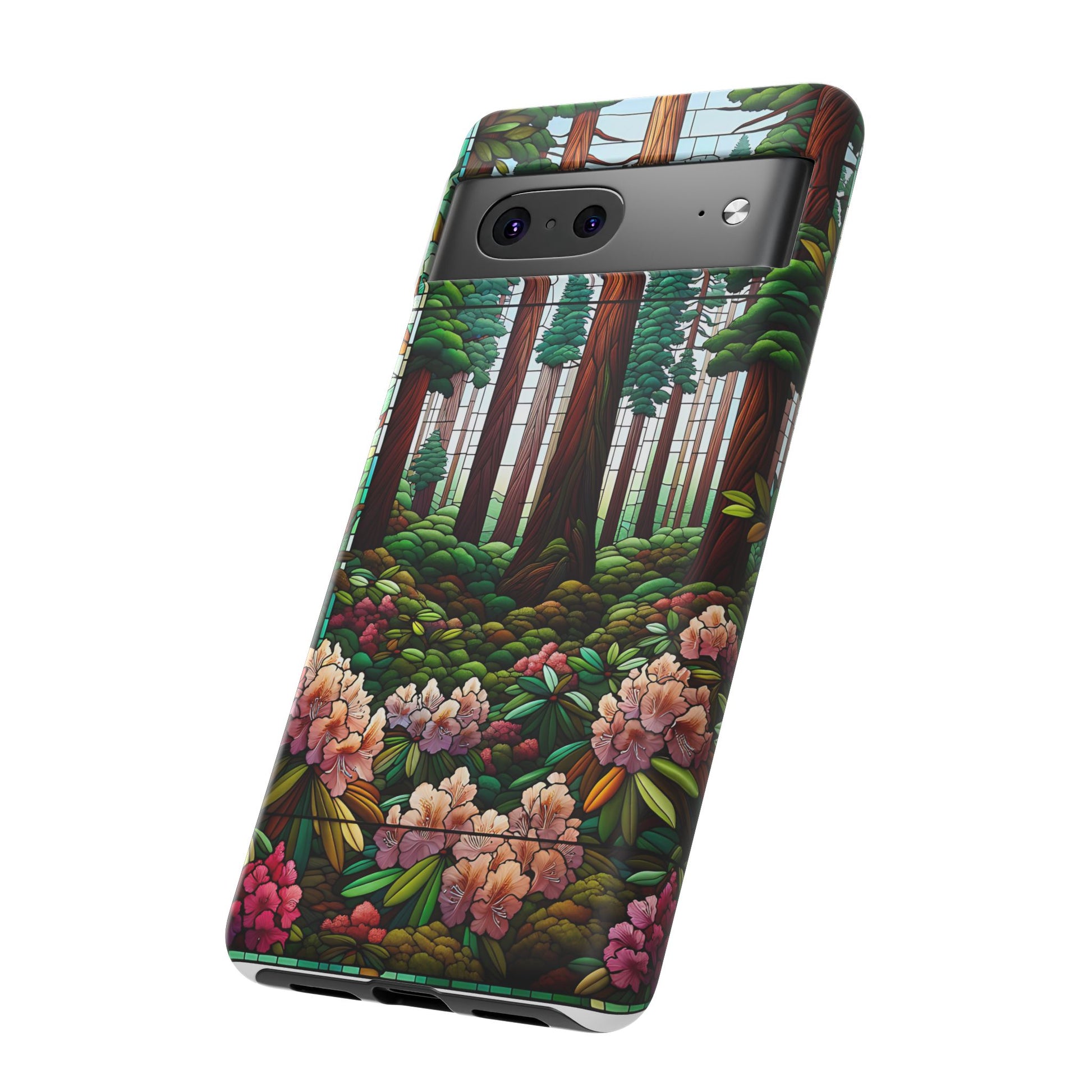 Nature Inspired Tough Cases - Redwood Trees & Rhododendrons Stained Glass iPhone Cover, Protective Phone Shell, Unique Samsung Galaxy Case,