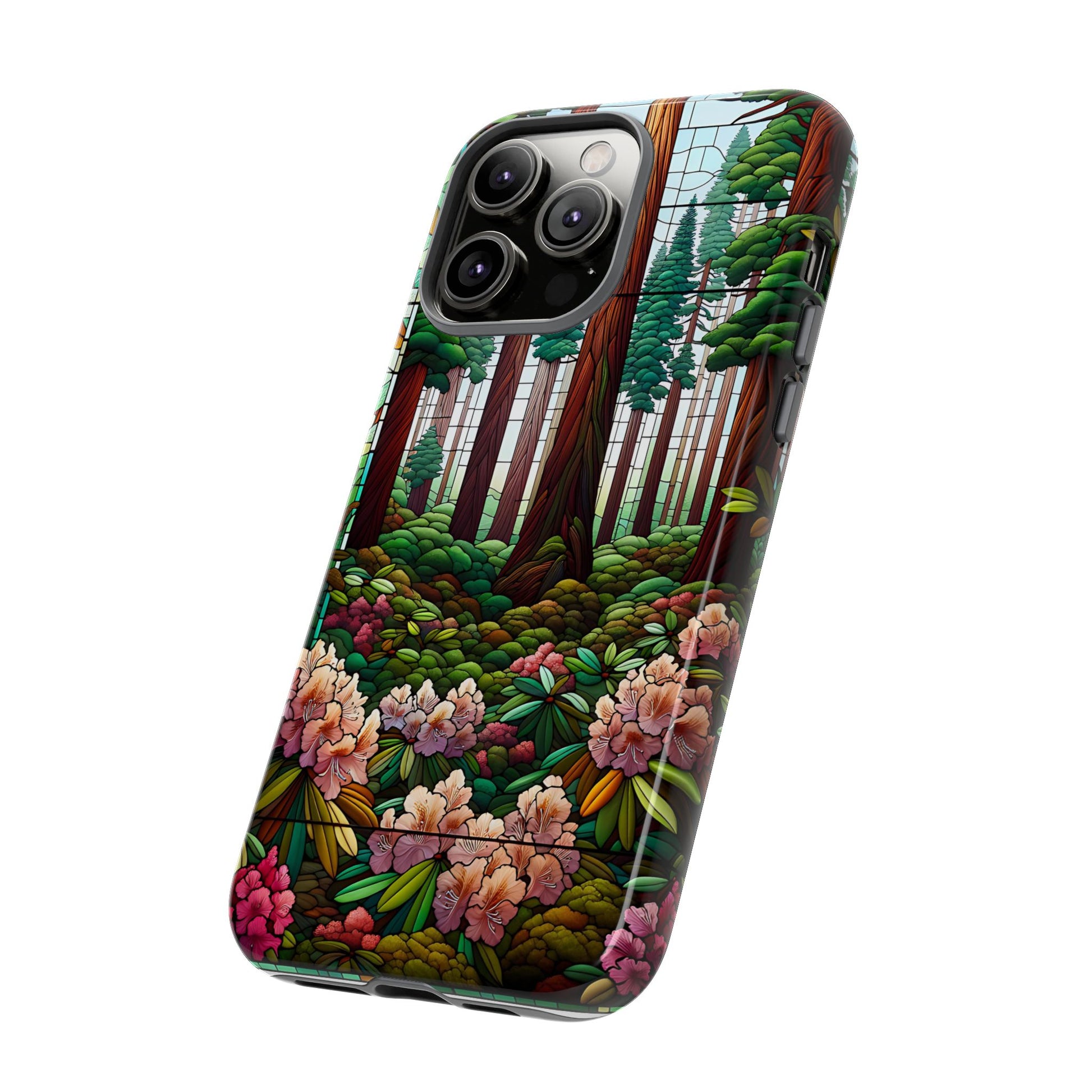 Nature Inspired Tough Cases - Redwood Trees & Rhododendrons Stained Glass iPhone Cover, Protective Phone Shell, Unique Samsung Galaxy Case,