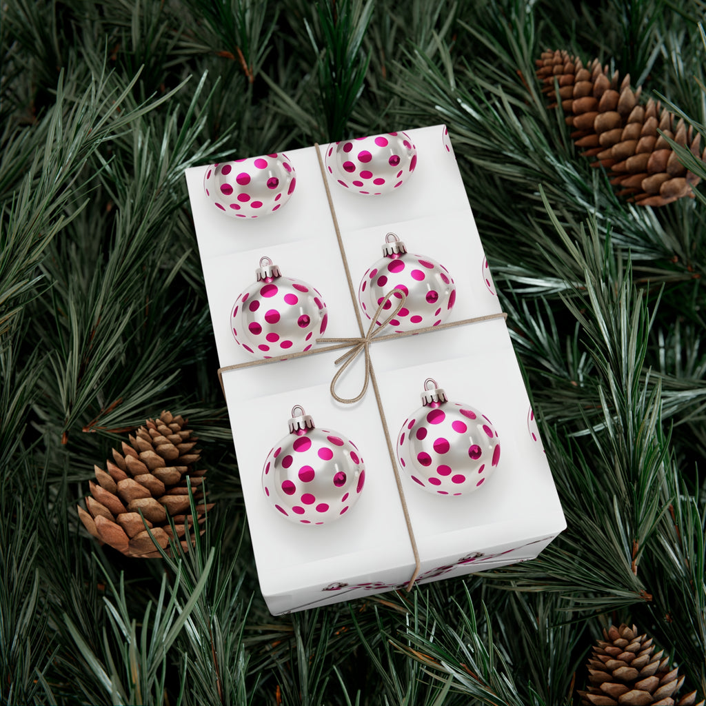 Wrapping Paper, Hot Pink Polka Dot Christmas Ornaments On White Background - Gift Wrap Rolls, Eco-Friendly Gift Wrap, Holiday