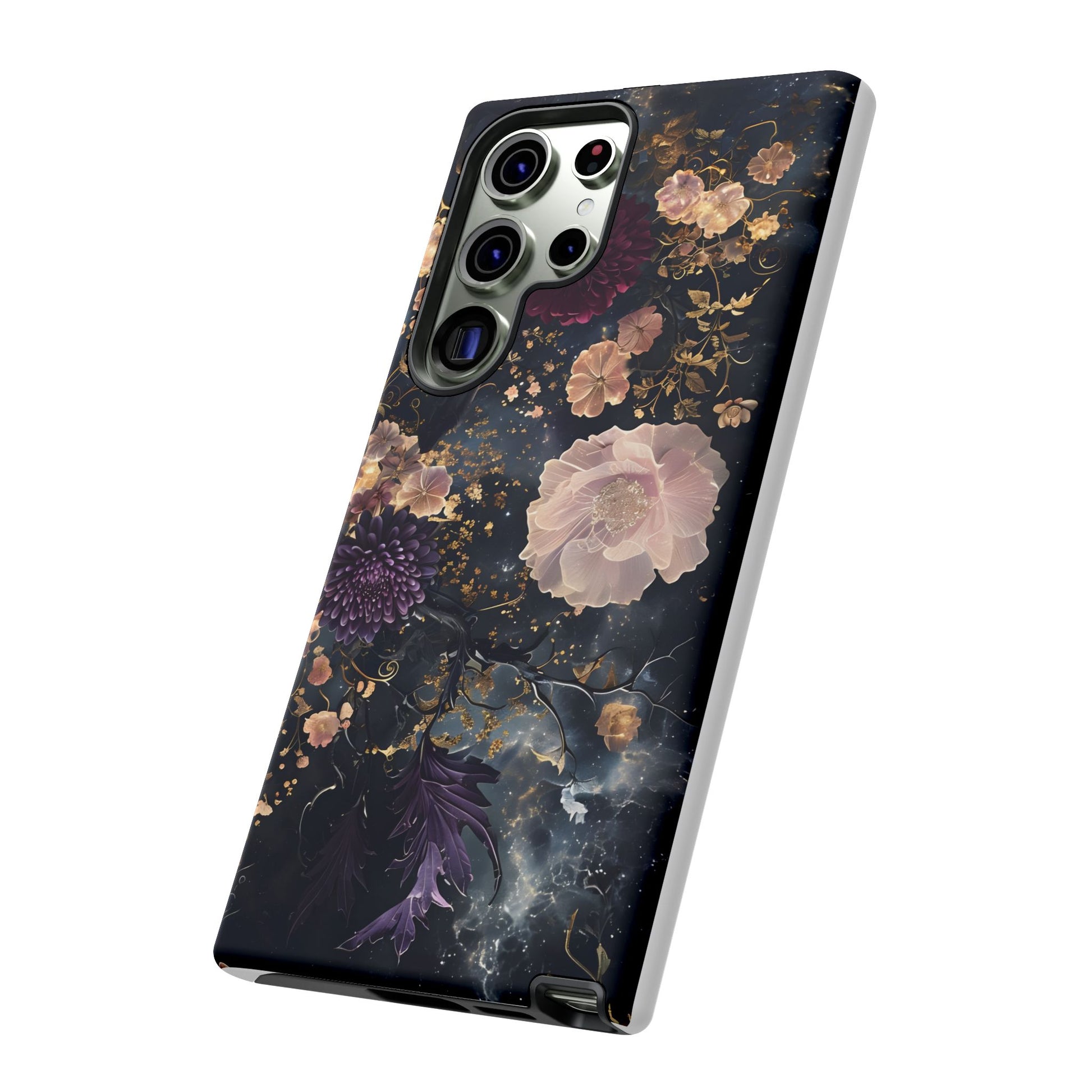 Phone Case, Whimsical Floral Pattern Against Cosmic Nebulous Background. Galaxy, Space, Tough Protective Cover, Unique Gift, Trendy