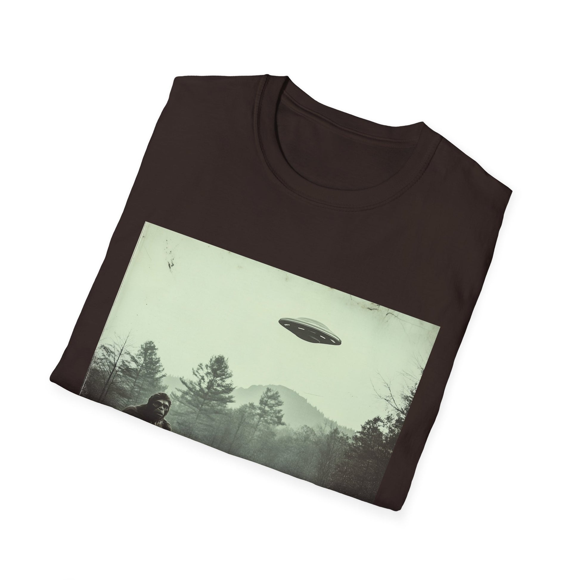 Bigfoot & UFO Unisex T-Shirt, Sasquatch Alien Tee, Cryptid Spaceship Shirt, Extraterrestrial Fantasy Clothing, Funny Yeti Top