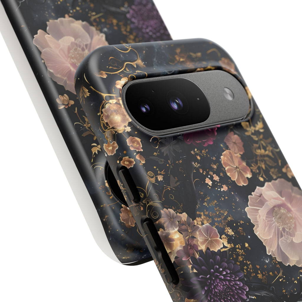 Phone Case, Whimsical Floral Pattern Against Cosmic Nebulous Background. Galaxy, Space, Tough Protective Cover, Unique Gift, Trendy