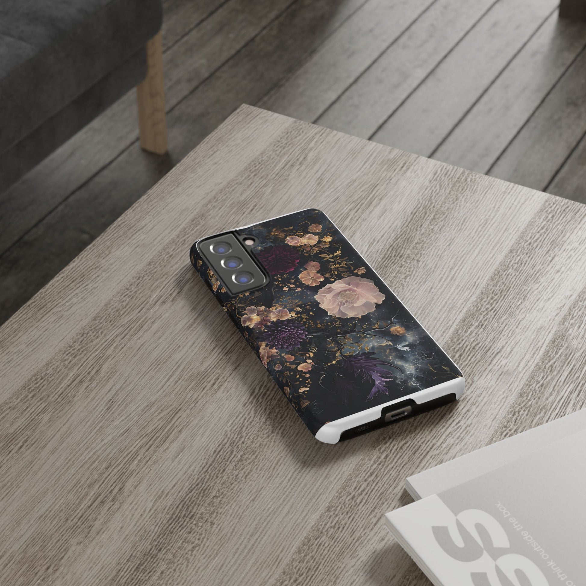 Phone Case, Whimsical Floral Pattern Against Cosmic Nebulous Background. Galaxy, Space, Tough Protective Cover, Unique Gift, Trendy