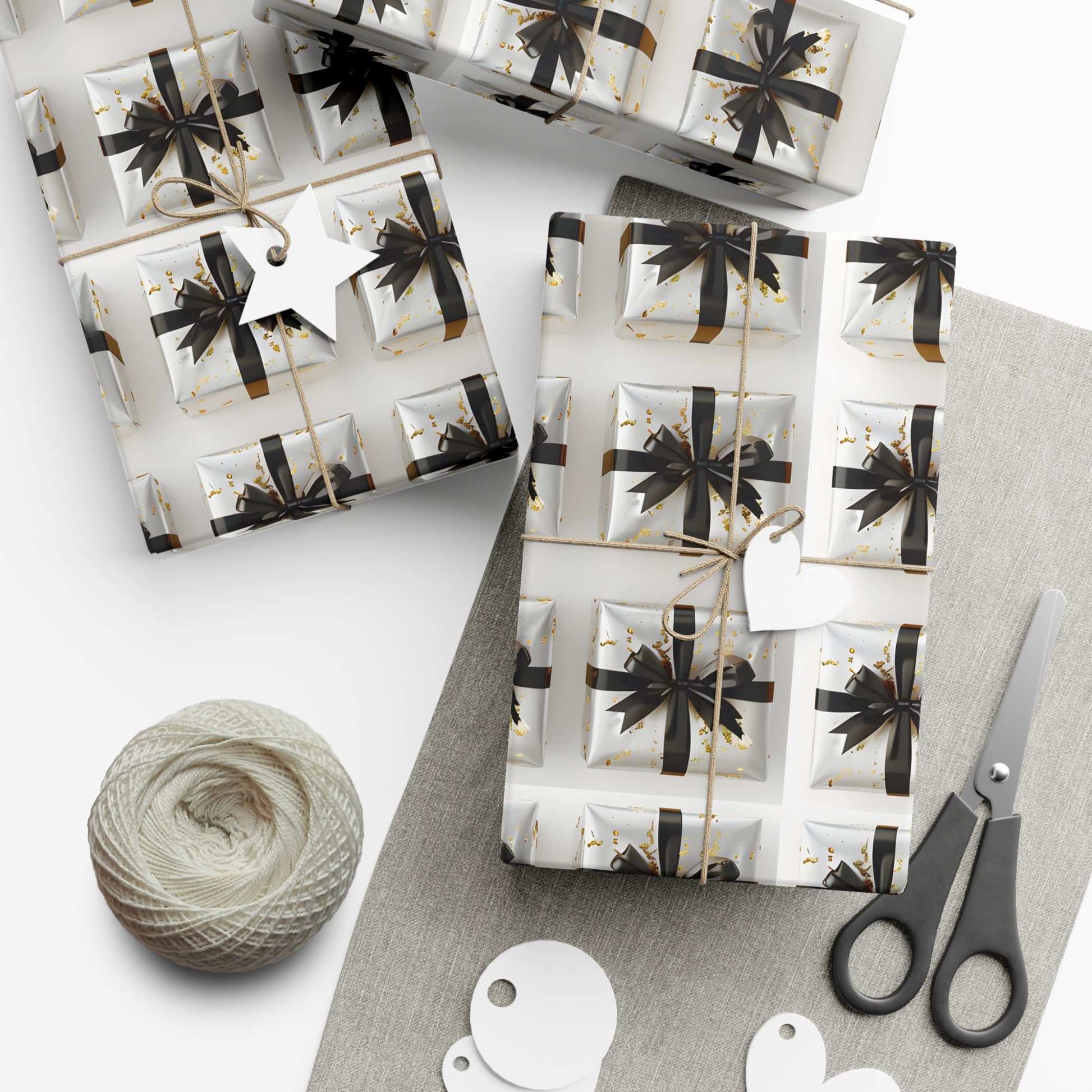 Wrapping Paper, Elegantly Wrapped Gifts On White Background with Black Bows - Gift Wrap Rolls, Eco-Friendly Gift Wrap, Holiday