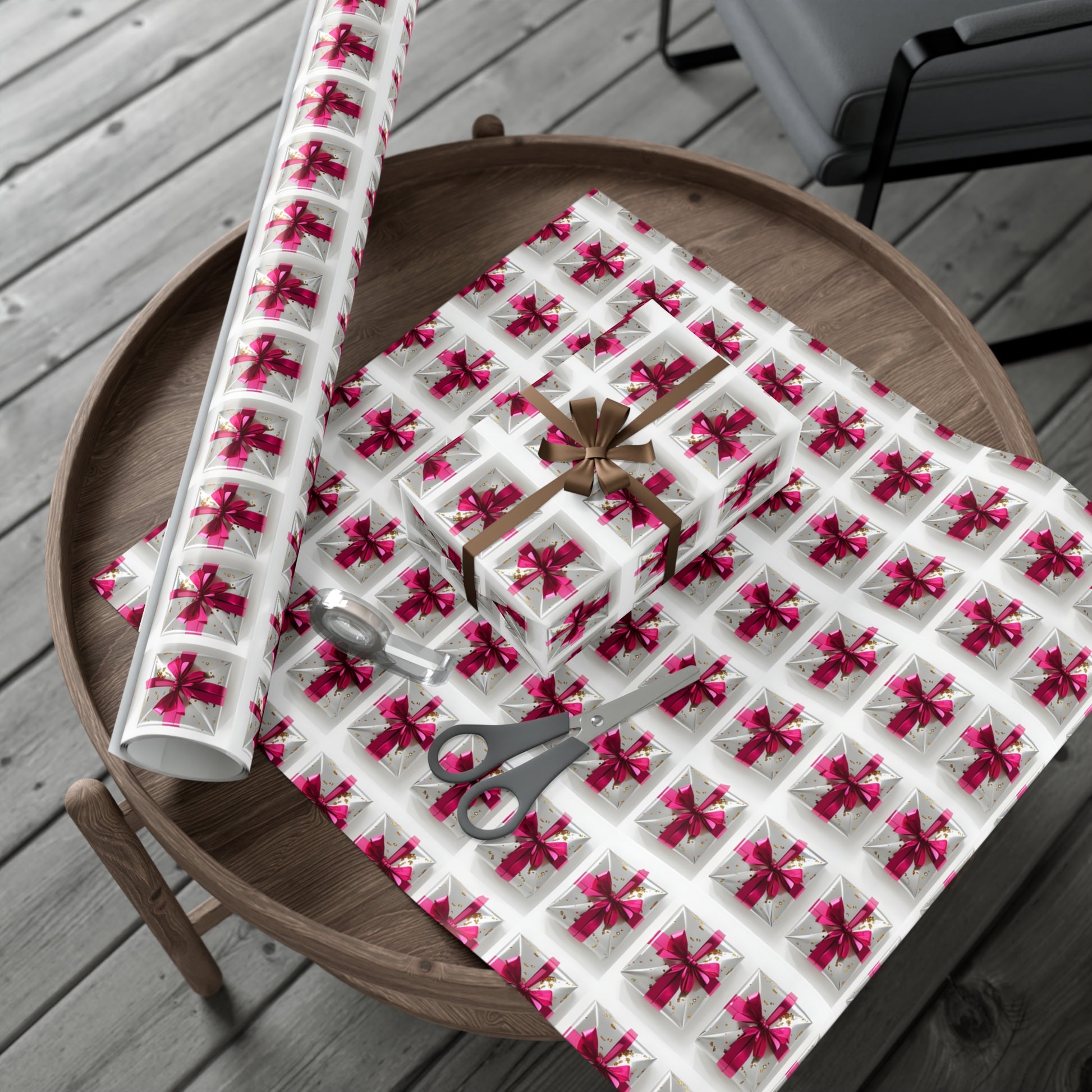 Wrapping Paper, Elegantly Wrapped Gifts On White Background with Hot Pink Bows - Gift Wrap Rolls, Eco-Friendly Gift Wrap, Holiday